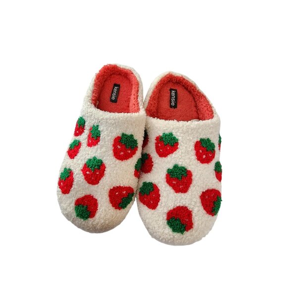 Kensie Womens Fuzzy Strawberry Print Indoor Slippers Size 10/11 - Picture 2 of 6